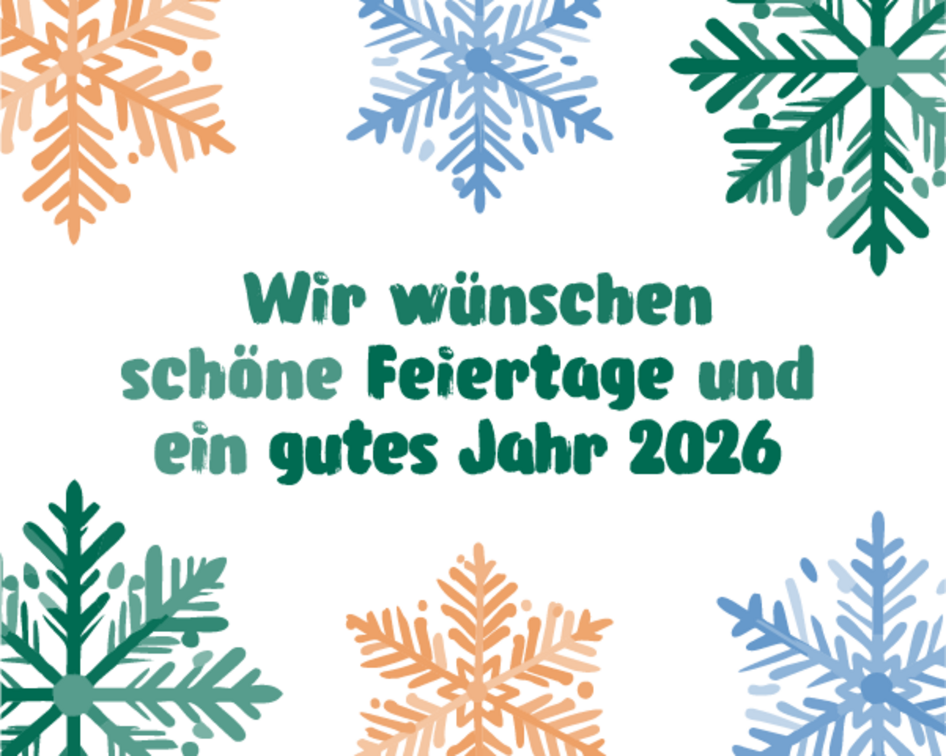 Weihnachtskarte: Geometrisches Muster aus farbigen Schneekristallen mit Grußbotschaft. Wir wünschen schöne Feiertage und ein gutes Jahr 2026 - IfV NRW.
